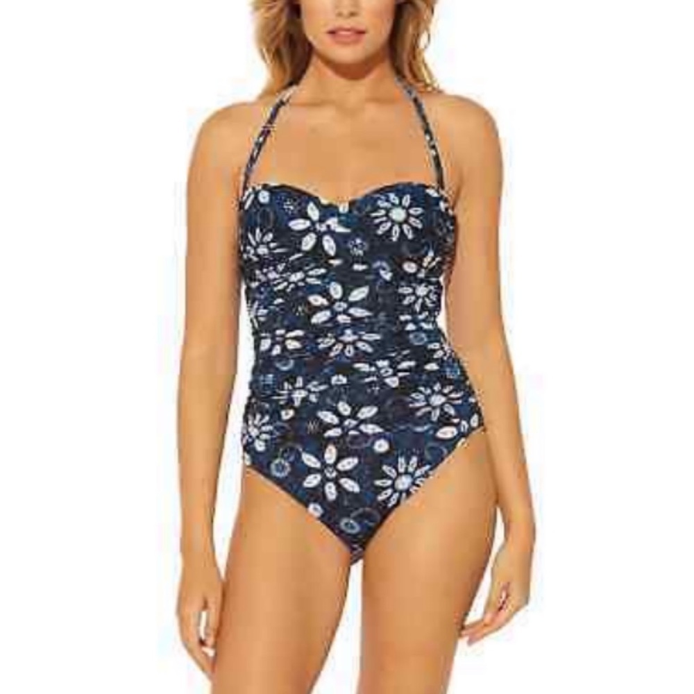 Bleu by Rod Beattie Navy Printed Bandeau One Piece Swimsuit